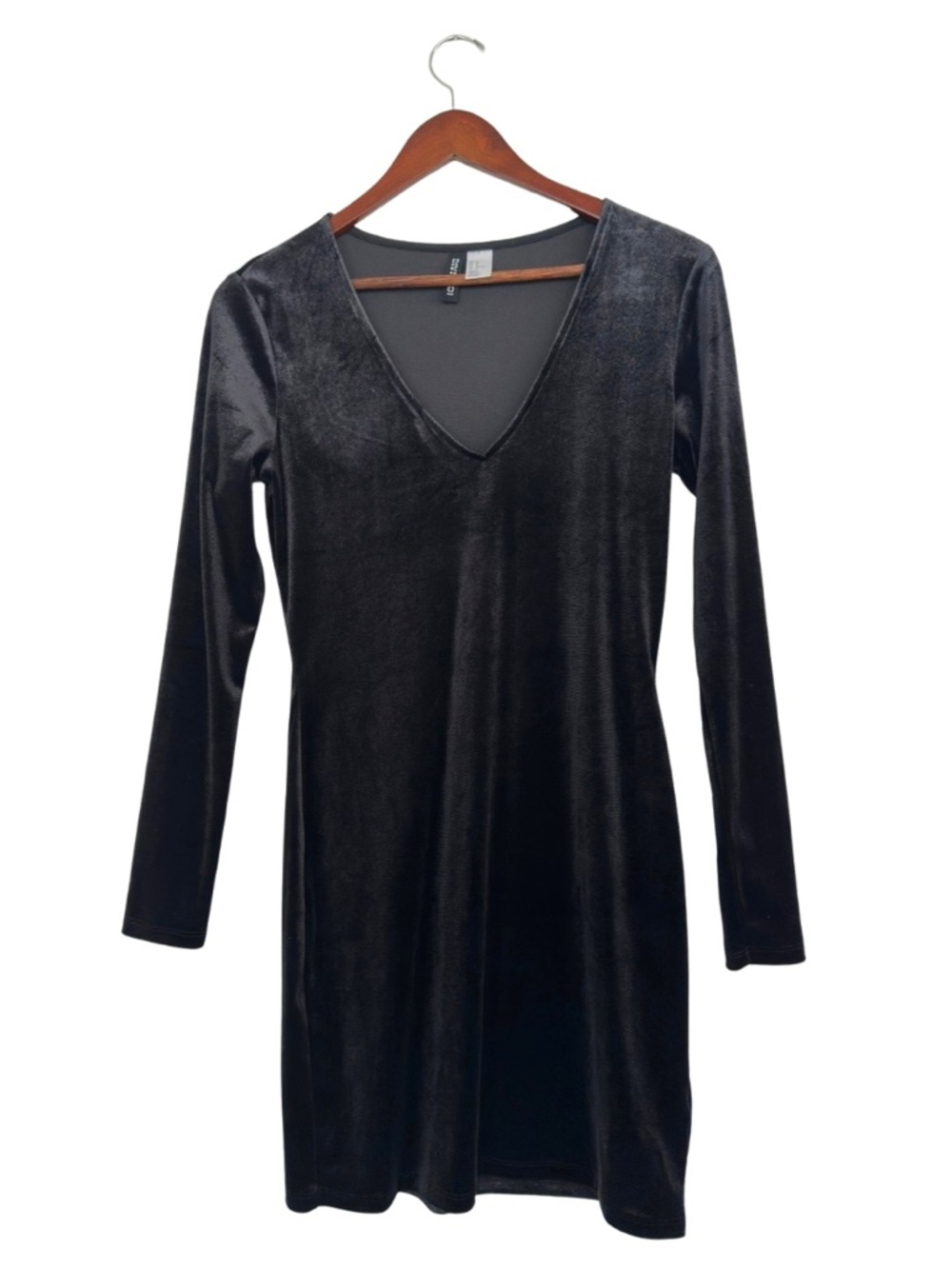 H&M Divided Velvet Mini Dress Size 10 Black V Neck Long Sleeve EUC